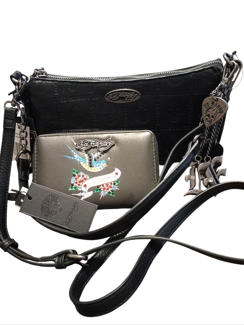 Ed Hardy Black Crossbody Bag with Metallic Silver Wallet and Tattoo Motif, NWT